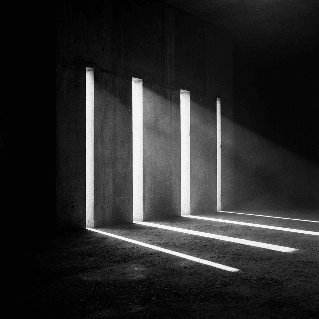 コンクリートの壁に穿たれた4本の細い開口を通り抜ける光